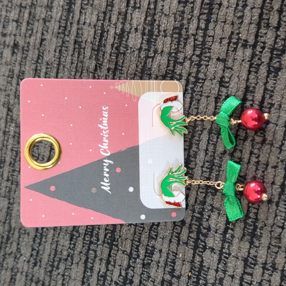 Grinch Hand Christmas Earrings Red Ornament Bow Dangle Holiday Jewelry 1.75”